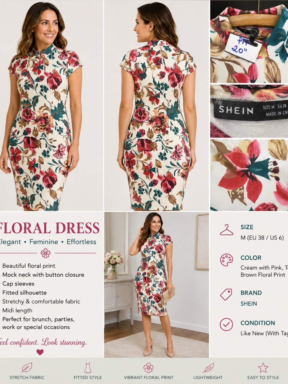 SHEIN Cream Floral Mock-Neck Midi Dress with Pink & Teal Blooms